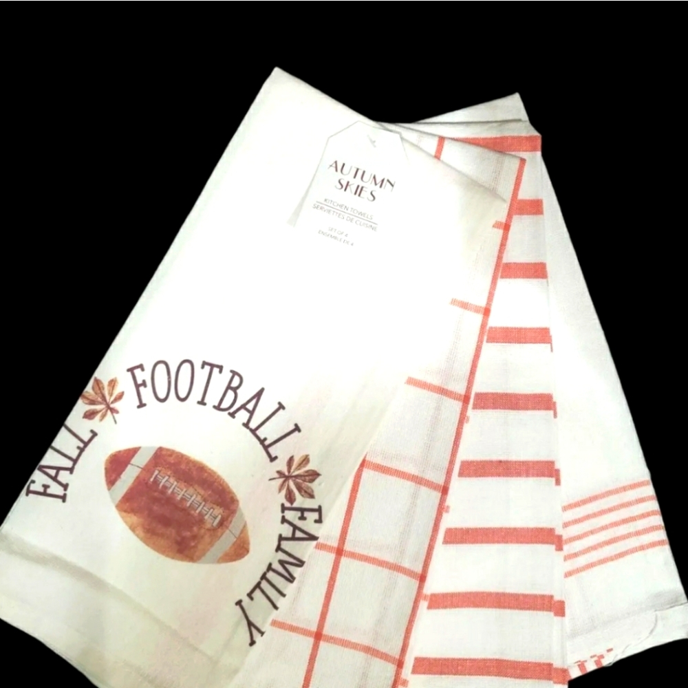 Set of 4 Autumn Skies FALL FOOTBALL FAMILY Striped Kitchen Towels New